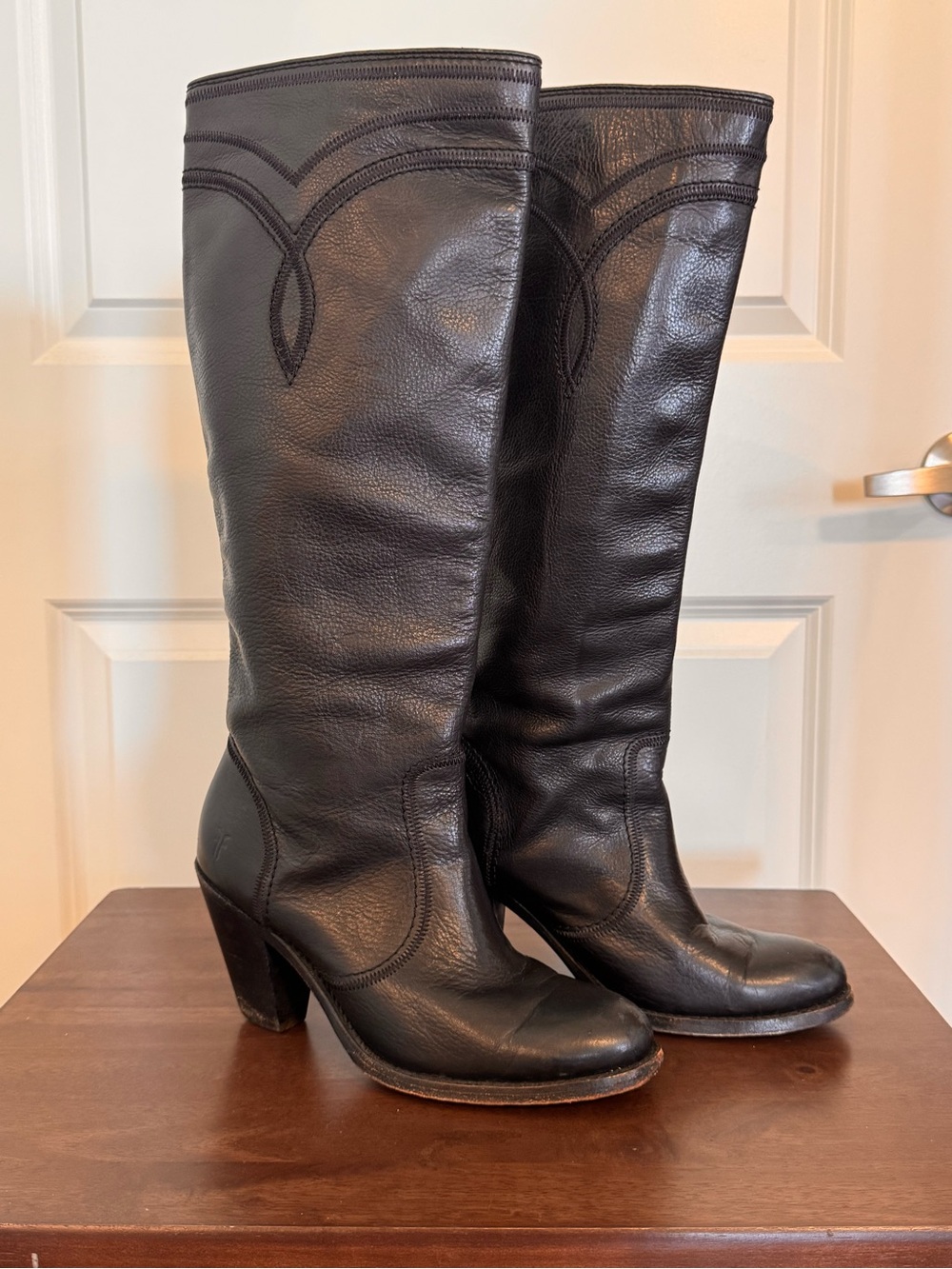 Frye Black Leather Mustang Pull On Western Boots Heeled Tall